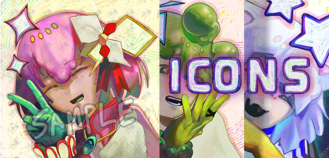 icon commission listing (vgen) image of icon samples combined into a header with a text on the right "icons"
